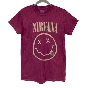Officially Licensed Nirvana Nevermind Smiley Grunge Tee Magenta Acid Wash Small